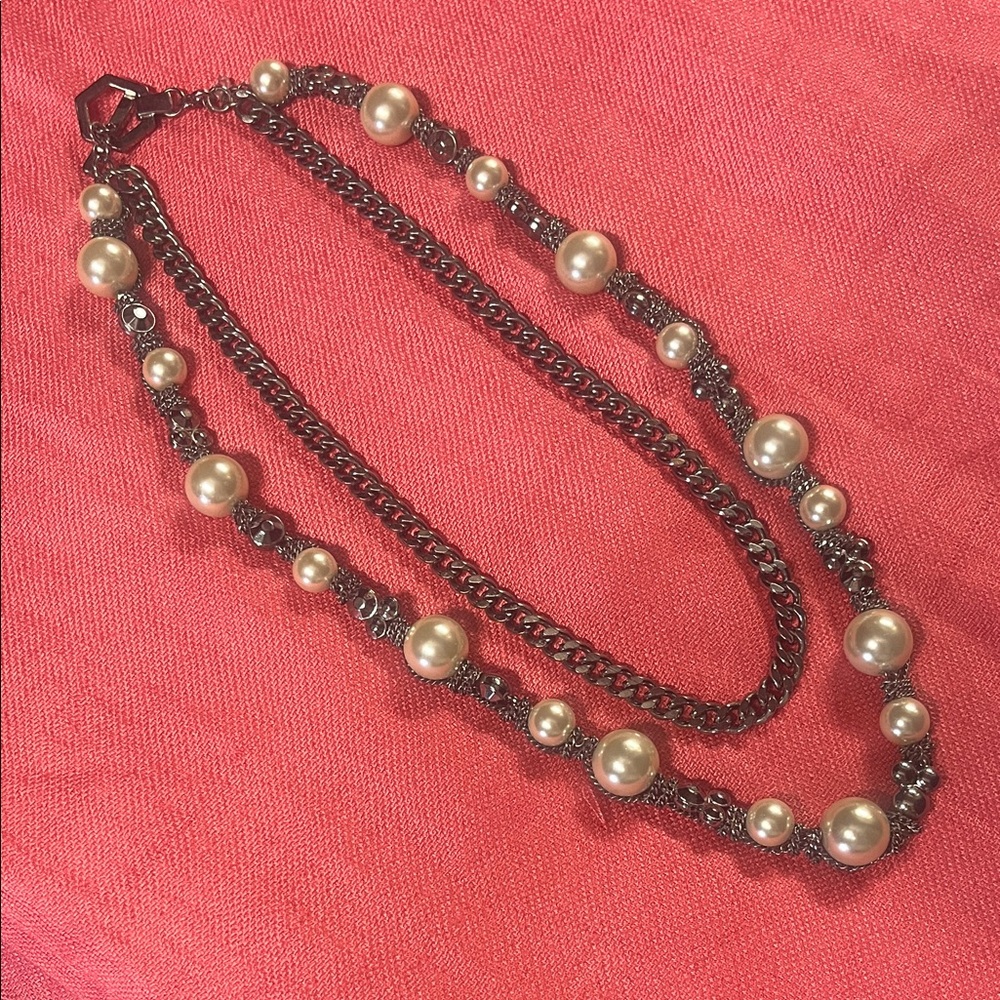 Classic Pearl and Gunmetal Double Strand Necklace - White Pearls